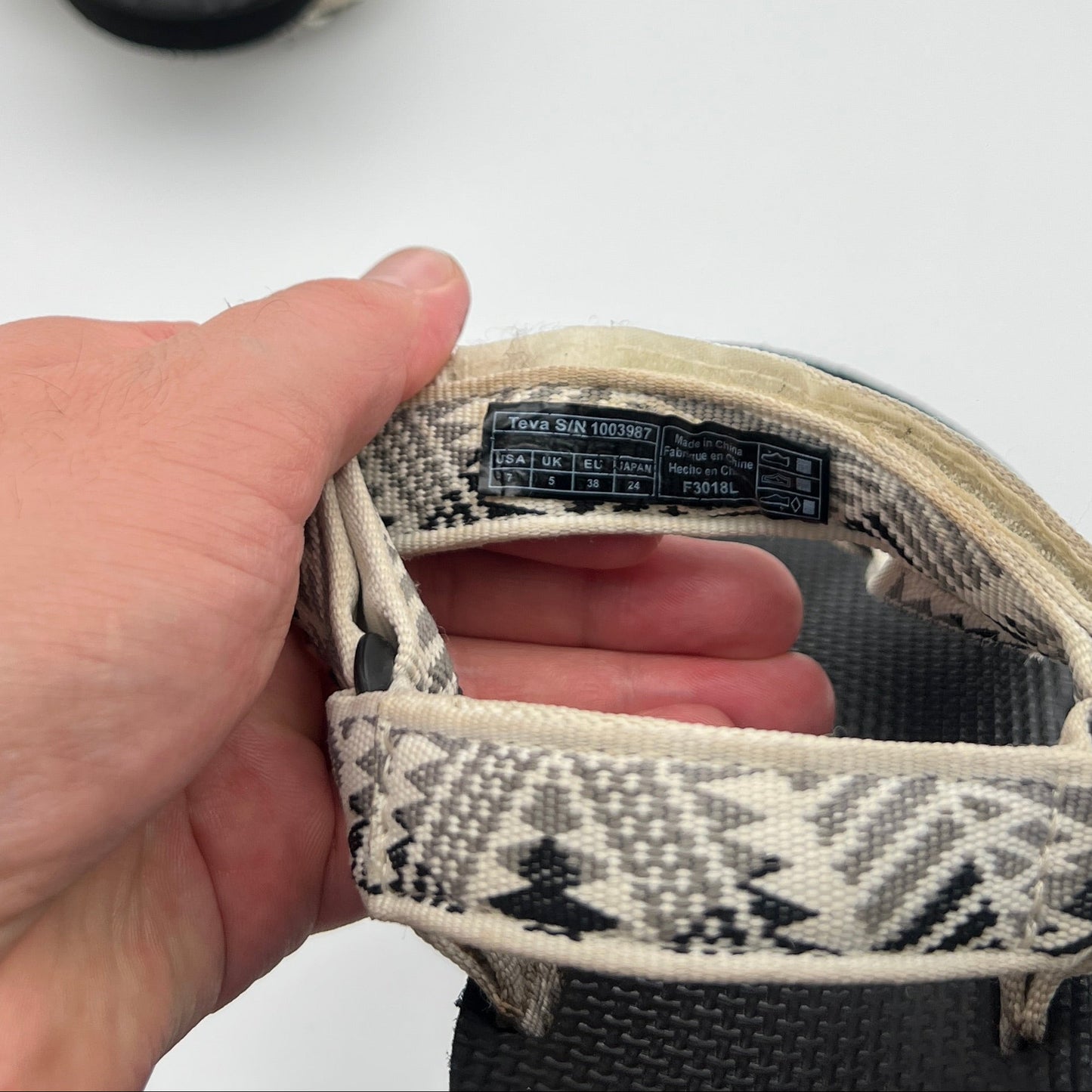 Hand holding a sandal strap with a white background