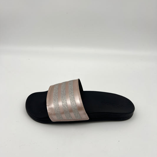 Rose gold Adidas Adilette Comfort slide sandal with silver glitter stripes and black footbed
