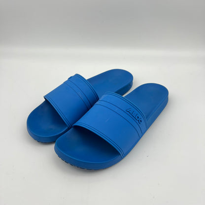 Pair of blue slides with 'ALDO' branding on a white background