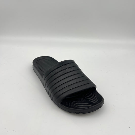 Side view of lightweight black sport sandals for men on a clean white background.