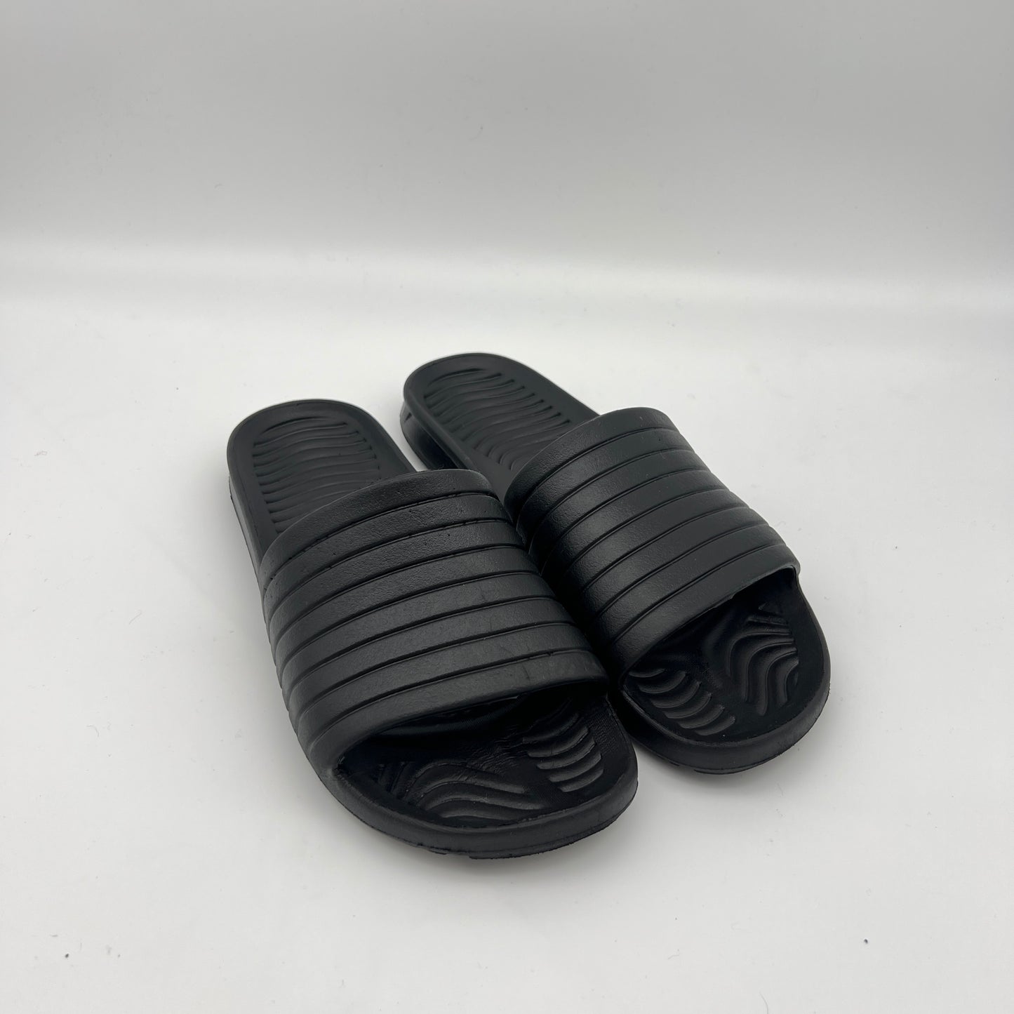 Men's waterproof black slides; comfortable foam recovery sandals with non-slip sole for gym and pooL