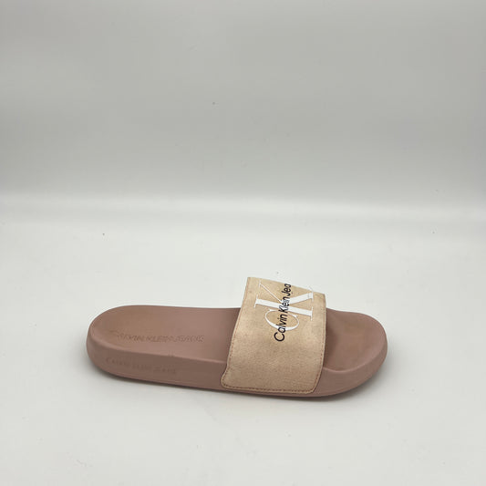 Side view of Calvin Klein Jeans slide sandal in dusty pink and beige with a large monogram logo.