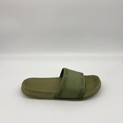 Olive green French Connection Fitch Marquee slide sandals with embossed FCUK logo strap on a white background.