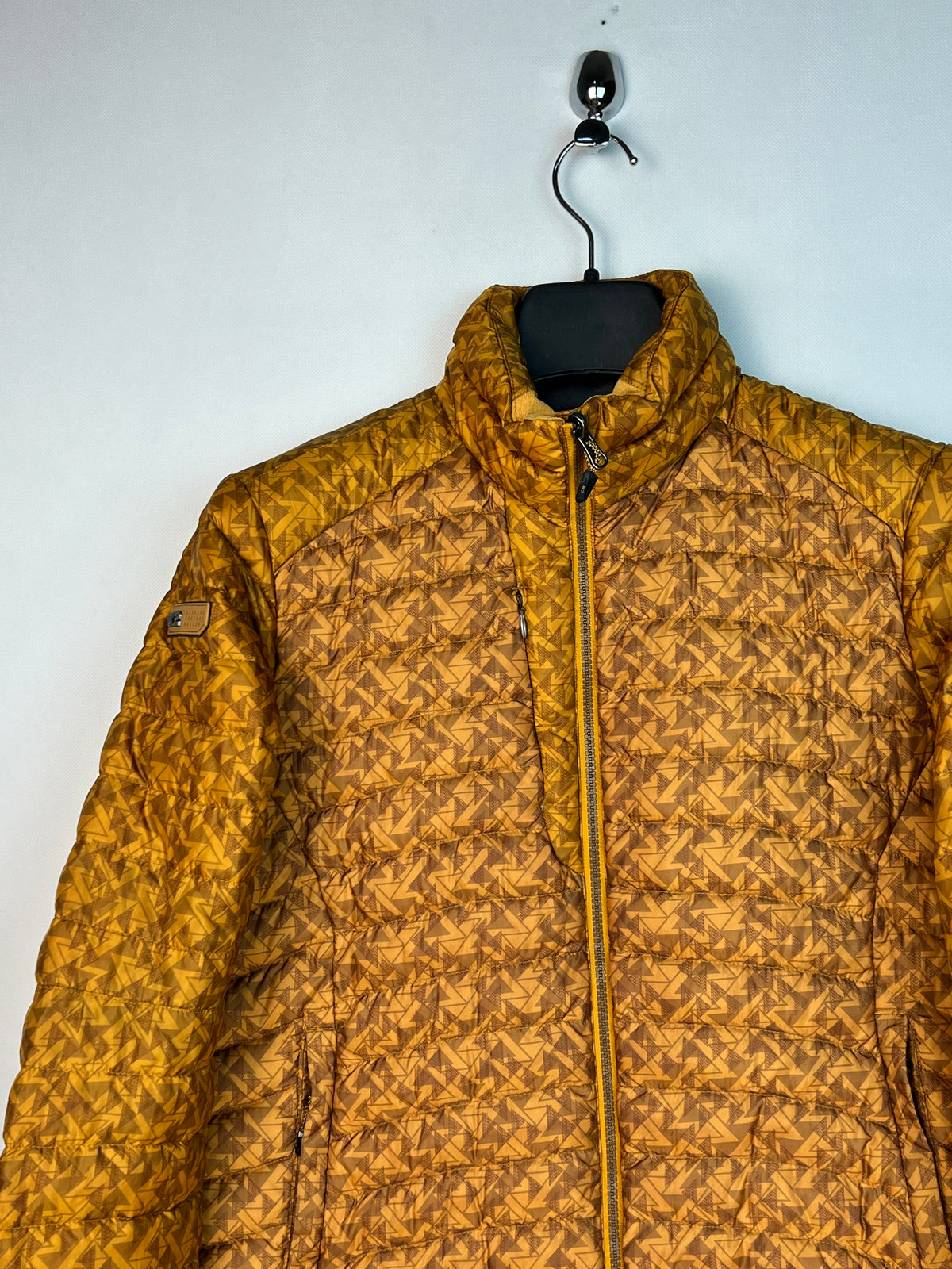 K2 Technical Outdoor Down Puffer Jacket – Mustard Geometric Print
