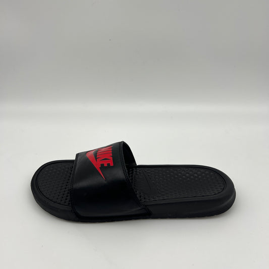Nike Benassi JDI men's slides in black with red Nike logo