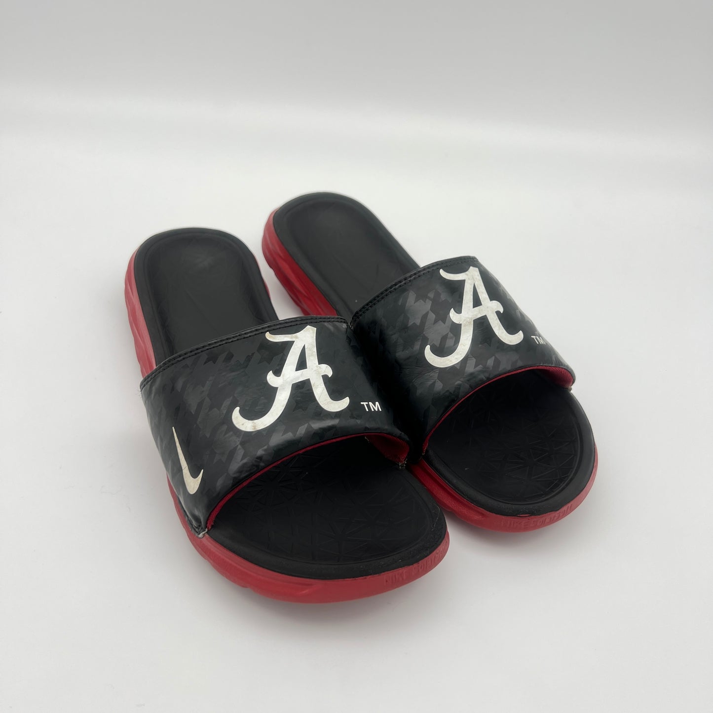 Alabama "A" logo footwear, athletic shower slides, Nike Solarsoft 2