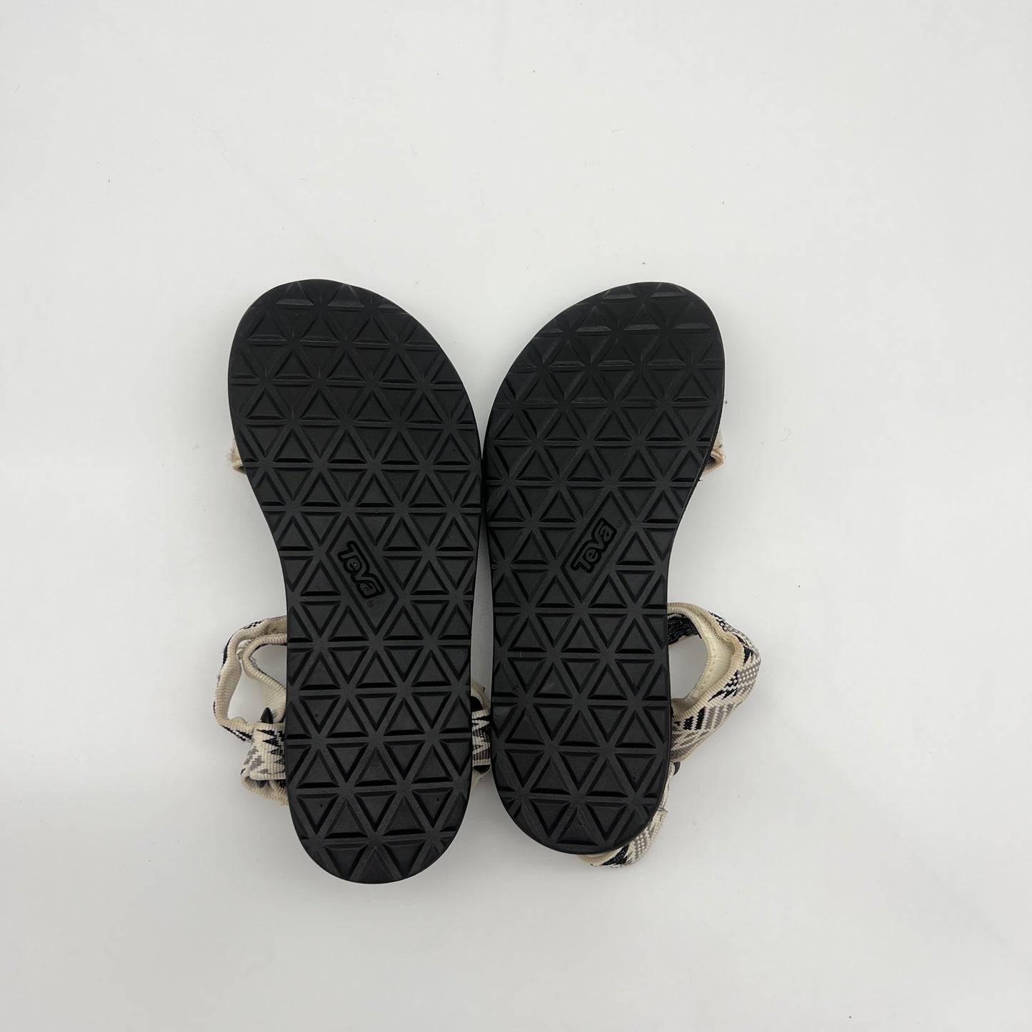 Black sandals with textured sole on a white background