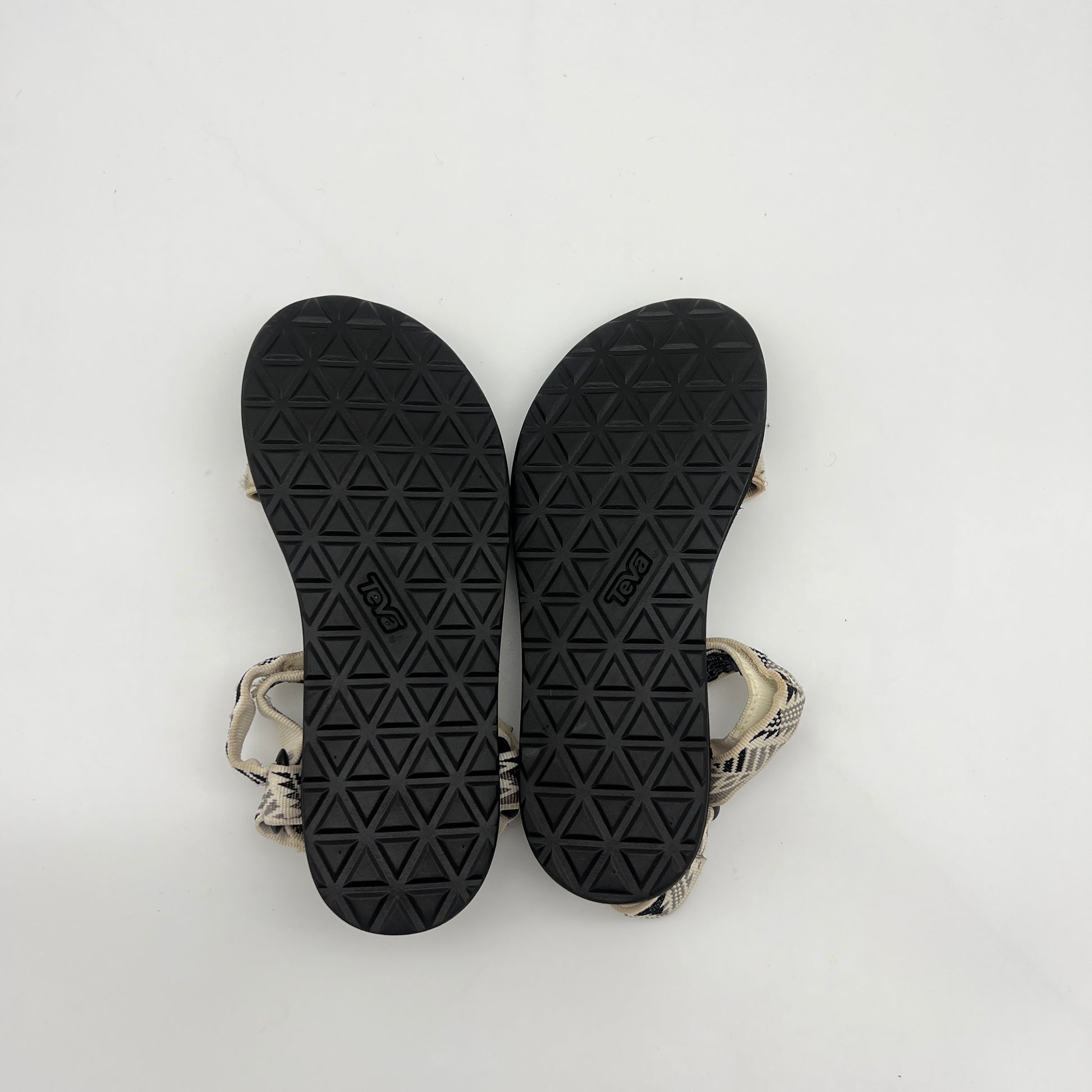 Black sandals with textured sole on a white background