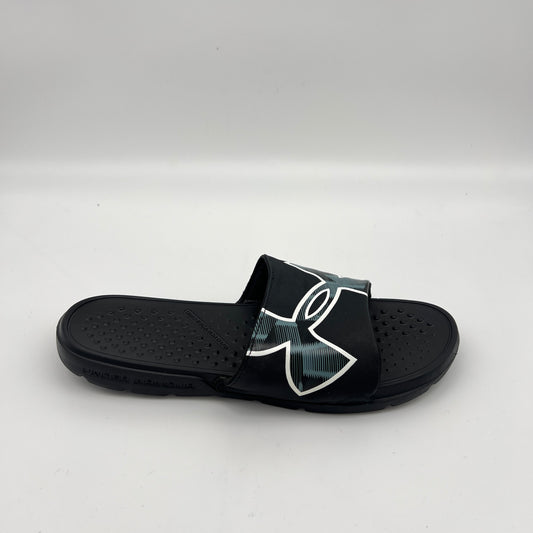 Black Under Armour Ignite Pro men's slide with a white-outlined logo and textured memory foam footbed.