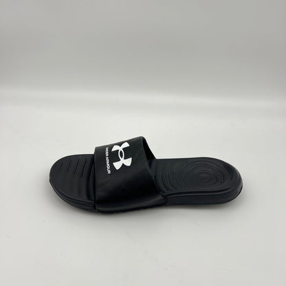 Side view of Under Armour Men's Ignite VI slide sandal in black and white with a contoured footbed