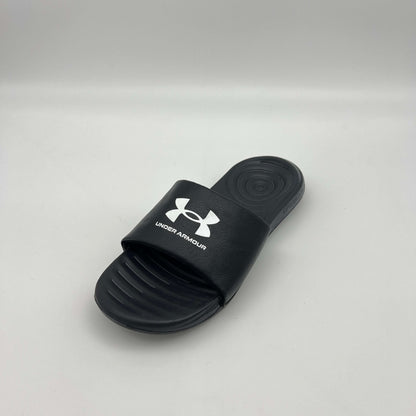 Under Armour athletic slides featuring an adjustable logo strap and memory foam cushioned sole