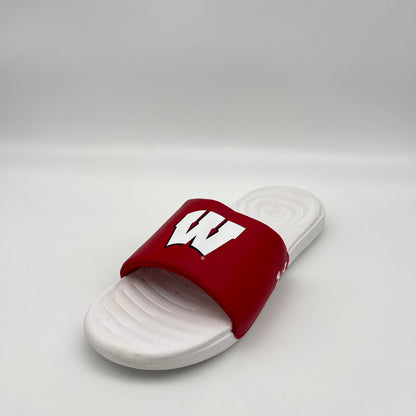 Red and white slide sandal with a logo on a light gray background