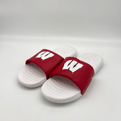 Red and white slides with a logo on a light gray background
