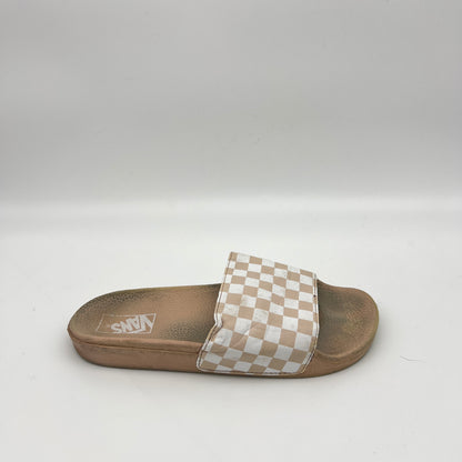 Profile view of a tan and white checkered Vans La Costa Slide-On sandal with a synthetic nubuck strap and a cushioned UltraCush footbed.