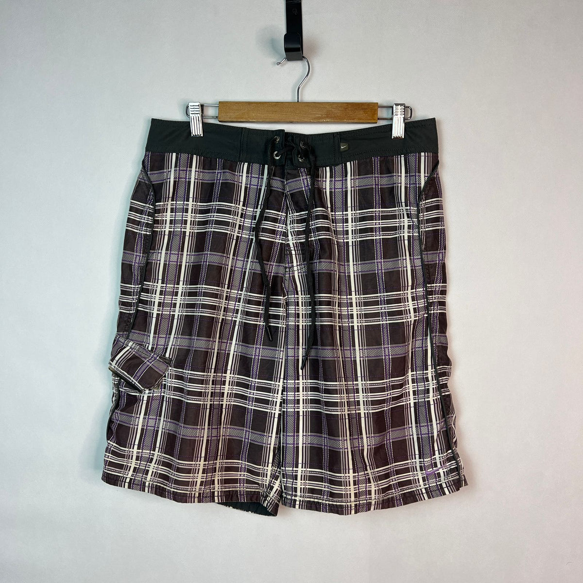 Plaid Cargo Board Shorts with Drawstring