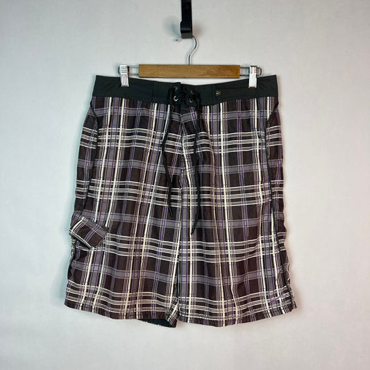 Plaid Cargo Board Shorts with Drawstring