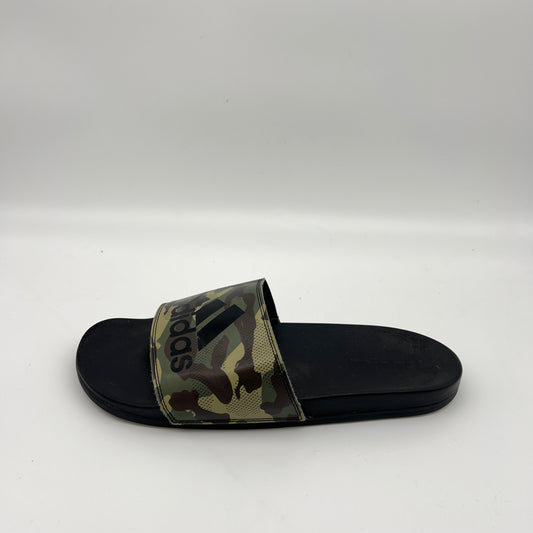 Side view of adidas Adilette Comfort Slides in a green camouflage and black