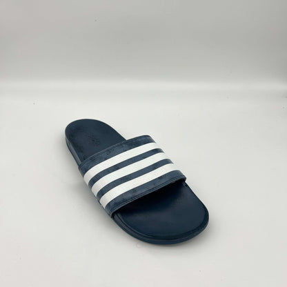 Men's adidas athletic slides featuring a navy blue cushioned footbed and textured bandage strap